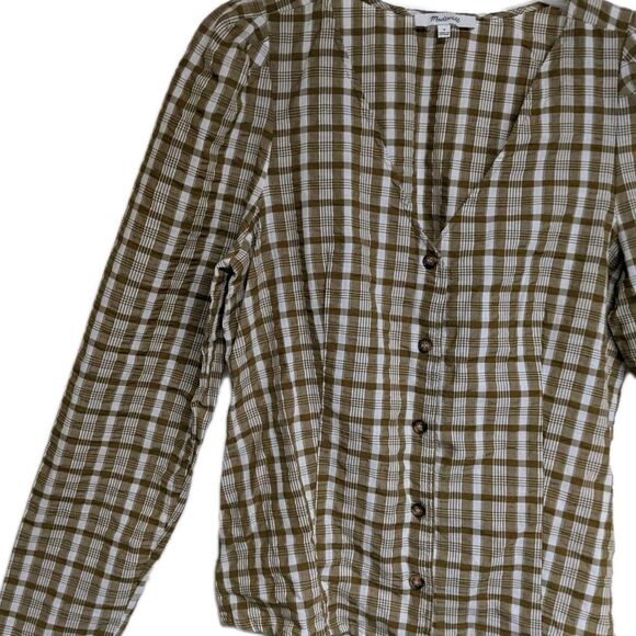 Madewell Top Women 4 Plaid 100% Cotton Button Front V-Neck Beige & White - Picture 3 of 8